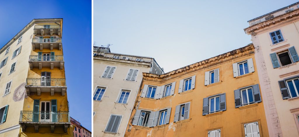 Dos fotos de casas altas con contraventanas y balcones estrechos en Córcega