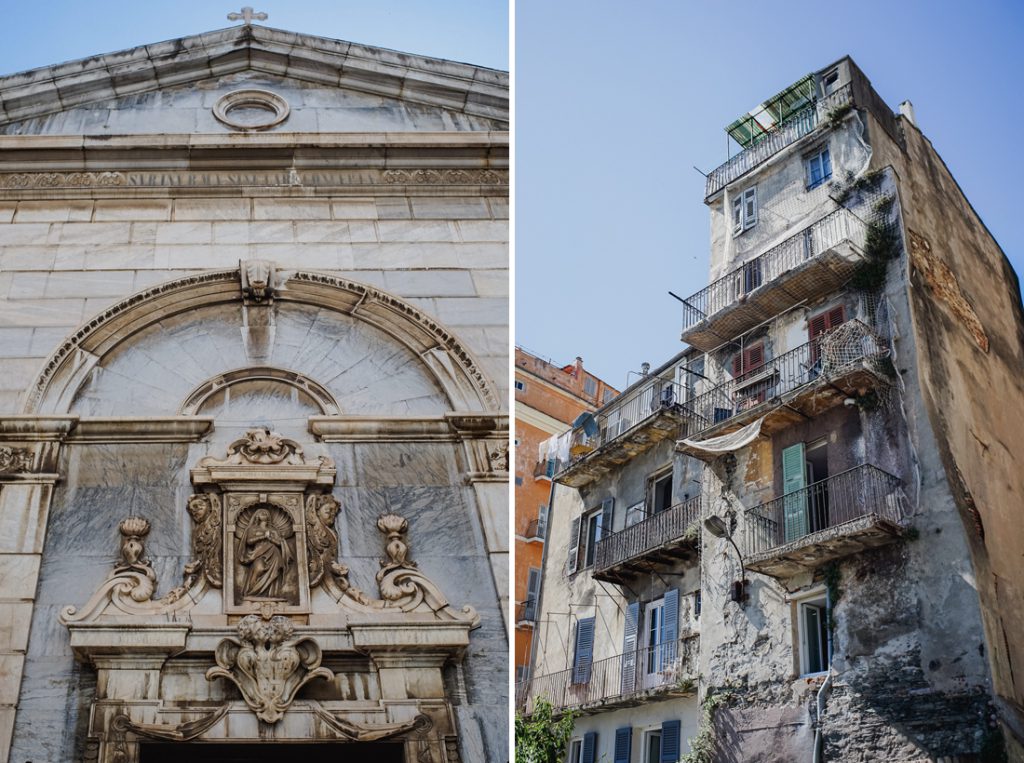 Dos fotos: portal de iglesia de piedra y una casa desgastada con balcones en Córcega