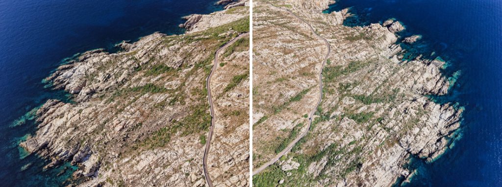 Dos fotos: carretera sobre un promontorio rocoso, desde el aire, en la costa de Córcega