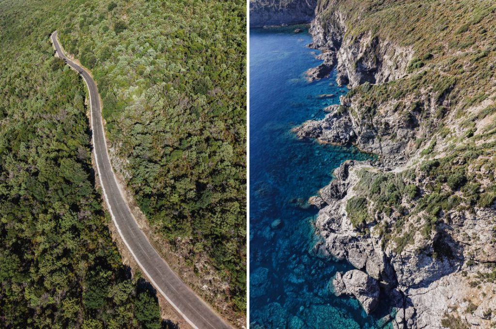 Dos fotos aéreas: carretera entre el bosque y acantilados sobre el agua turquesa en Córcega