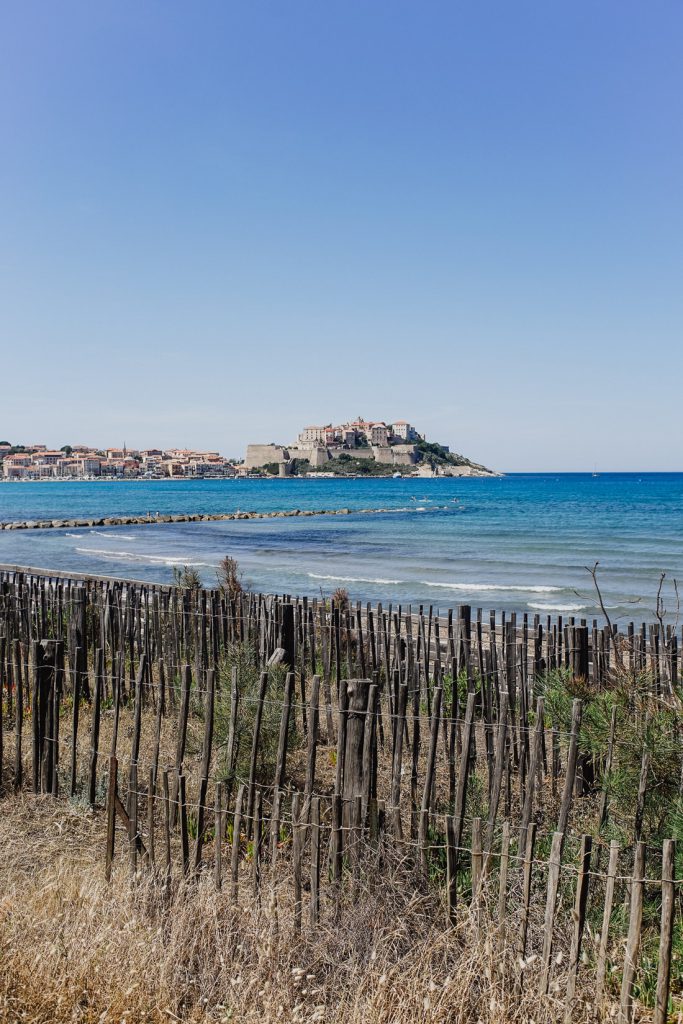 Valla de madera entre la hierba de las dunas y, detrás, una ciudadela en el promontorio en Córcega