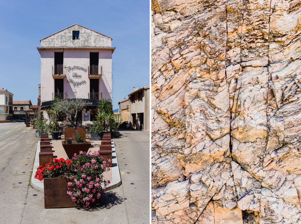 Dos fotos: casa con jardineras y un primer plano de roca veteada en Córcega