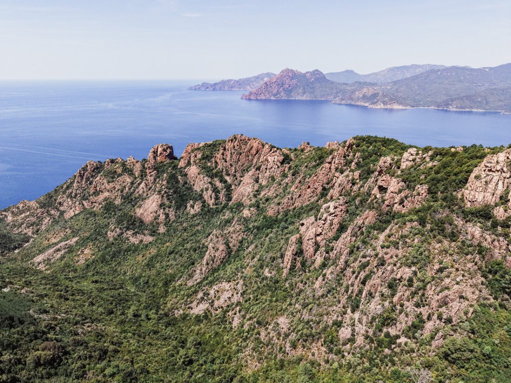 Crestas de roca roja y laderas verdes sobre el mar en las Calanques en Córcega