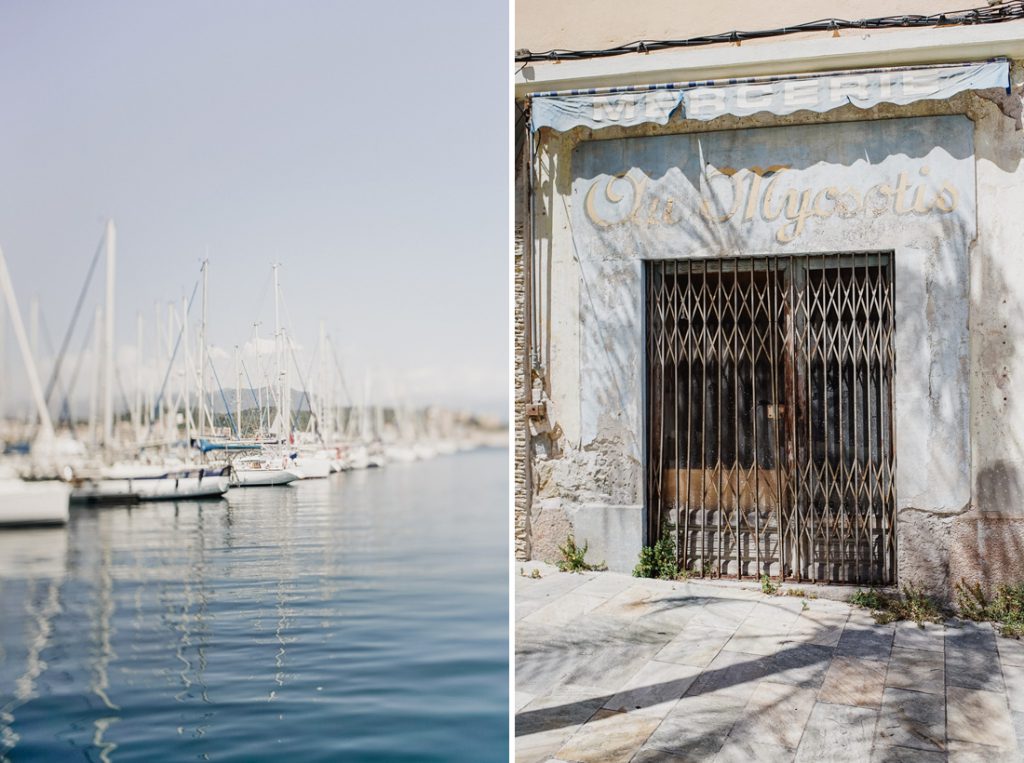Dos fotos: mástiles en el puerto y una tienda cerrada con persiana metálica en Córcega