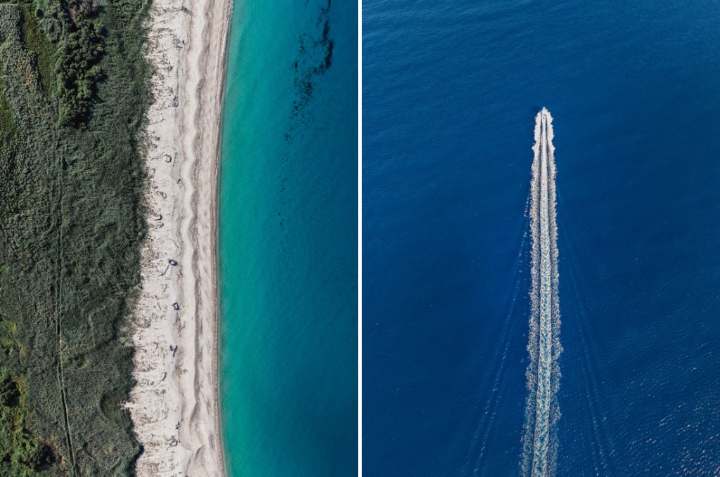 Dos fotos aéreas: playa de arena con maquis y la estela de un barco frente a Córcega