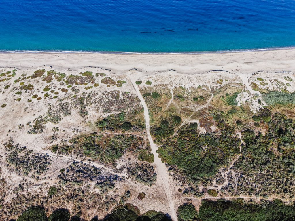 Senderos entre dunas y maquis detrás de una playa de arena, desde el aire, en Córcega