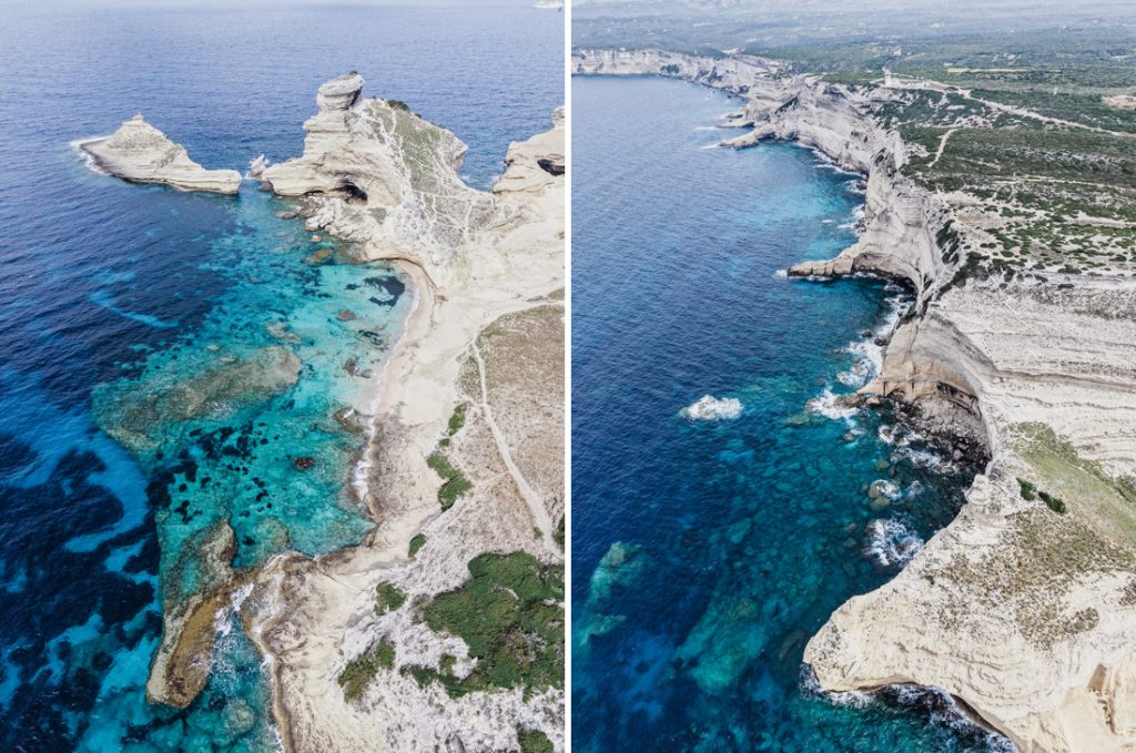 Dos fotos de la costa caliza cerca de Bonifacio, acantilados y calas, desde el aire, en Córcega