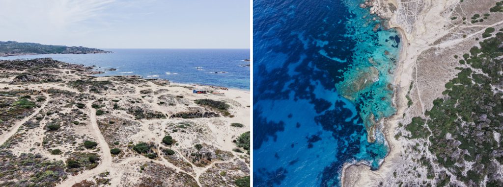Dos fotos: maquis arenoso en la costa y agua turquesa, desde el aire, en Córcega