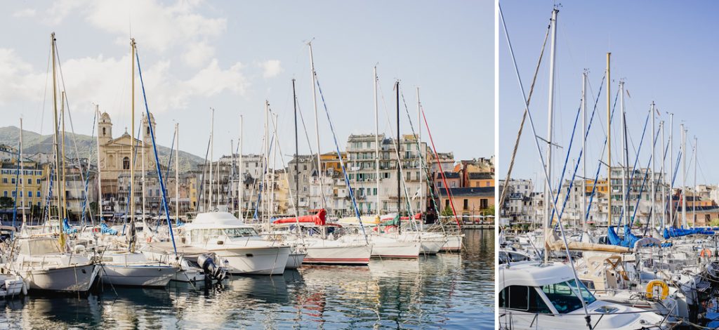 Dos fotos: veleros en el puerto y, detrás, una iglesia y una hilera de casas en Córcega